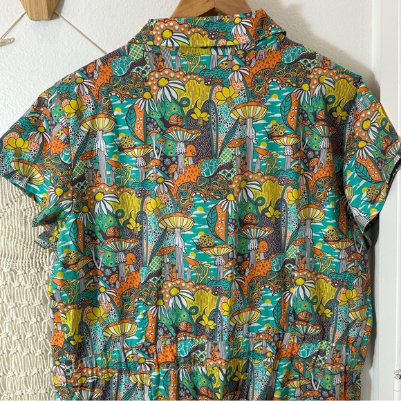 70s 60s Magnificent Mushroom Snail Flower Power Retro Hippie Teal Jumpsuit XL - Picture 12 of 12